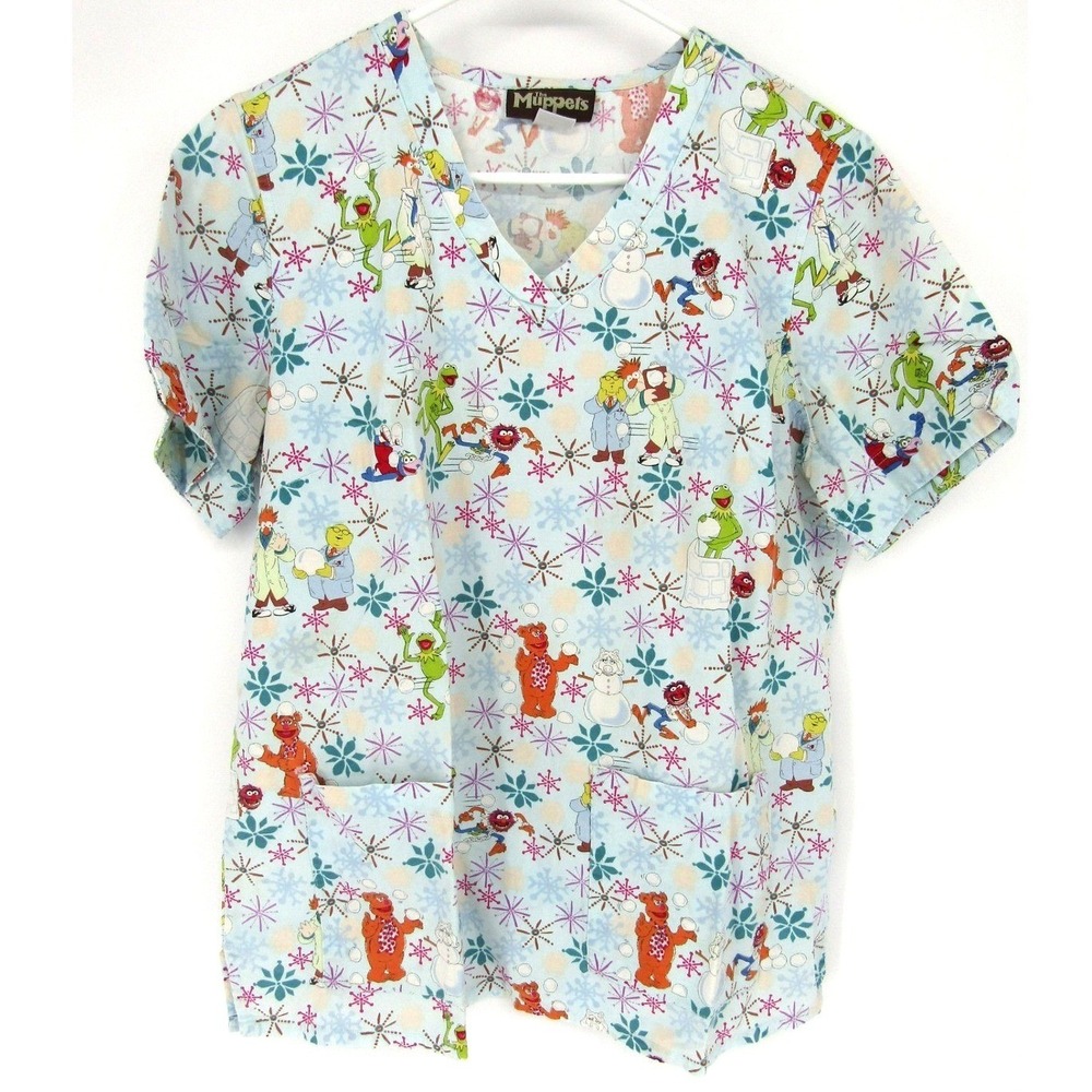 The Muppets Scrub Top Womens Medium Blue Winter Snowflake Kermit Fozzie V-Neck